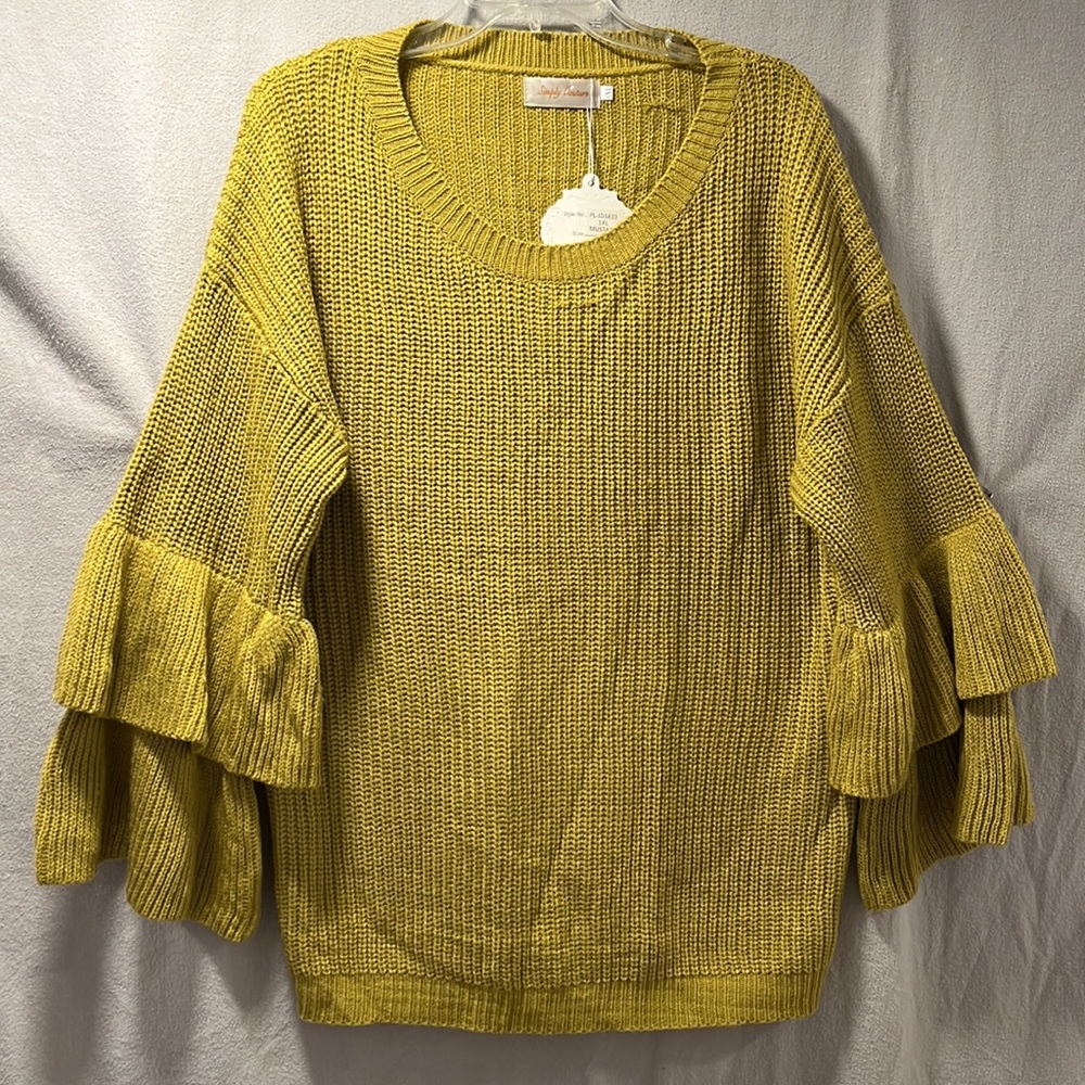 Mustard Green Sweater with Ruffled Bell/Trumpet Sleeves by Simply Couture in 1XL